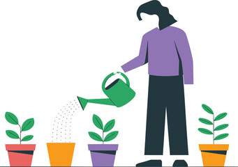 Woman Watering Plants Flat Illustration Featuring Home Gardening, Plant Care, Nature Lifestyle and Eco Friendly Hobby Concept for Modern Design Vector