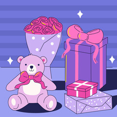 Cute Valentines day party with teddy bear, gifts, presents, flower bouquet. Special romantic occasion concept. Vector outline illustration.