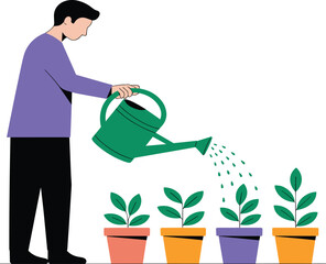Man Watering Potted Plants Flat Illustration Featuring Home Gardening, Plant Care, Green Lifestyle and Eco Friendly Activity Concept for Modern Design Vector
