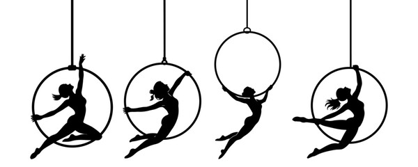 Aerial hoop lyra silhouette set - graceful circus performer icons, gymnast girl on aerial ring, acrobatic dance positions, and aerialist yoga poses isolated on white background © Nayan