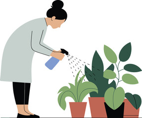 Woman Caring for Indoor Plants Flat Illustration Featuring Houseplant Spraying, Home Gardening, Green Lifestyle, Botanical Care and Eco Friendly Living Concept Vector