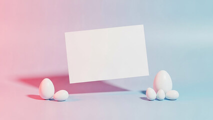 Abstract easter holiday celebration background with blank floating card and white porcelain eggs on pink blue gradient
