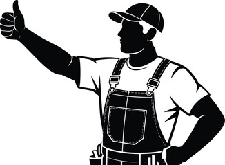Construction worker giving thumbs up in black and white vector illustration of handyman carpenter or builder showing approval sign with hand gesture for renovation construction industry service advert