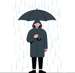 Person Standing in Rain with Umbrella Flat Illustration Featuring Rainy Weather, Protection, Autumn Mood and Outdoor Lifestyle Concept for Modern Design Vector