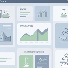 Scientific Data Analysis Dashboard With Lab Equipment Icons and Graphs In Soft Blue Tones