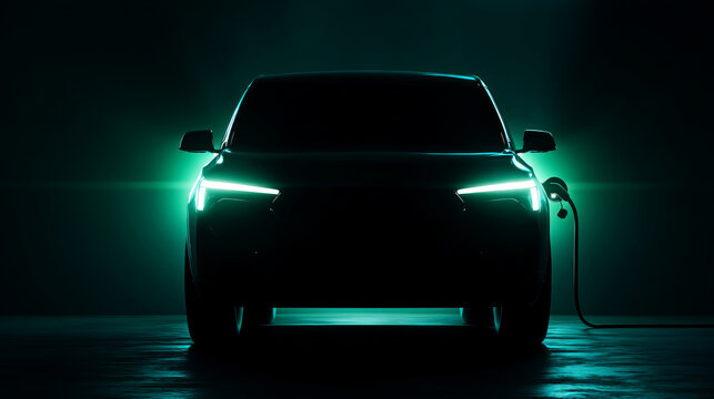 Black modern car headlights - front view. Silhouette of black sports car with headlights on black background in furry style.