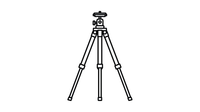 Line art illustration of a camera tripod with a mounting head, used for stabilizing photography and videography equipment.