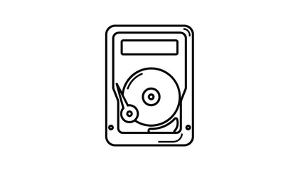 Top-down line art of an internal computer hard drive with the cover off, revealing the magnetic disk and read-write head.