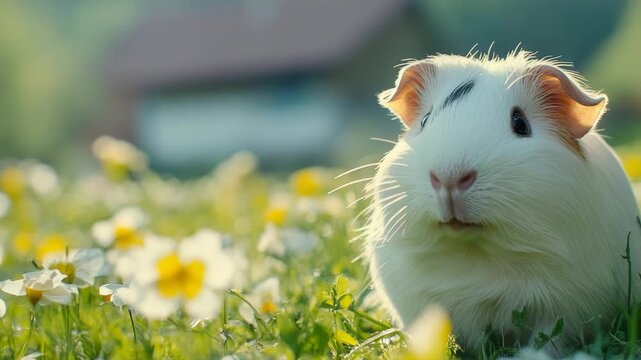 Fluffy guinea pig with orange and black fur, in a sunlit field filled with yellow wildflowers.