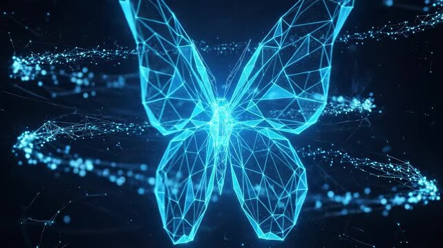 Abstract digital butterfly animation with glowing lines and dots