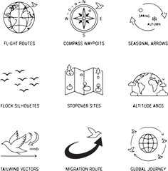  Bird migration path line icons flight routes, compass waypoints, seasonal arrows, flock silhouettes, stopover sites, altitude arcs, tailwind vectors © Eyerin