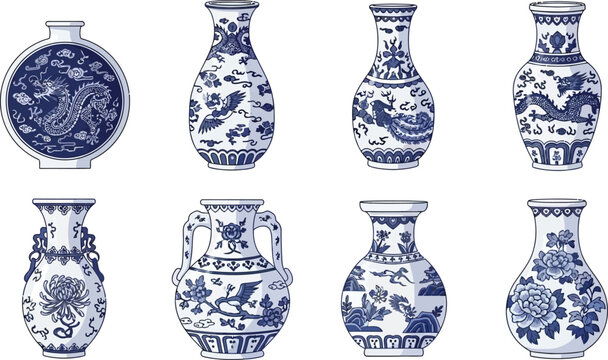Chinese porcelain vase set with blue and white pattern featuring dragon and floral motifs in traditional ceramic style