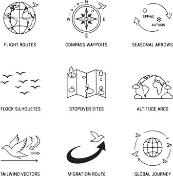  Bird migration path line icons flight routes, compass waypoints, seasonal arrows, flock silhouettes, stopover sites, altitude arcs, tailwind vectors