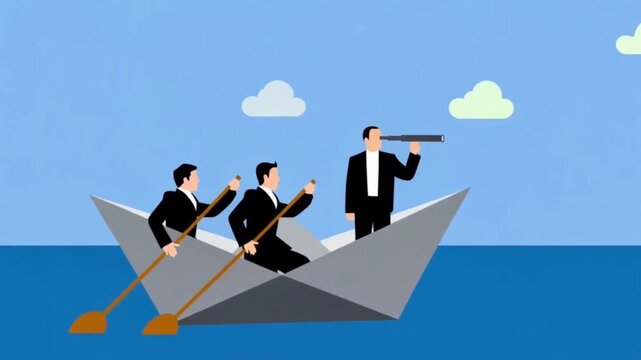 Two Men Rowing a Boat on River While Observer Uses Binoculars