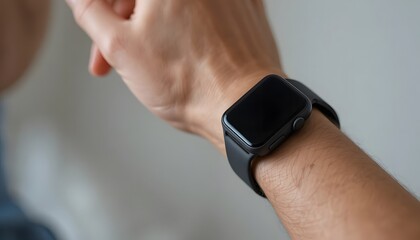 Close-up of a person's wrist wearing a sleek black smartwatch