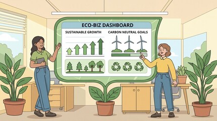 Two People Examining Environmental Data Dashboard With Charts And Graphs In An Office Setting