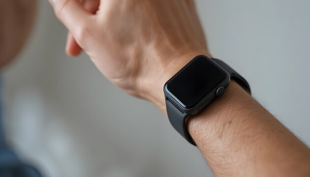 Close-up of a person's wrist wearing a sleek black smartwatch - Powered by Adobe