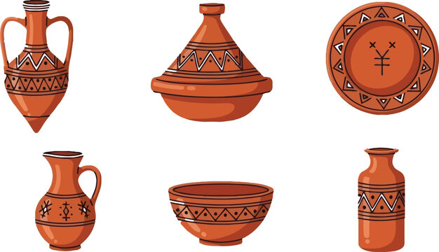 Collection of North African clay pottery including tagine pitchers bowls and decorative terracotta plates