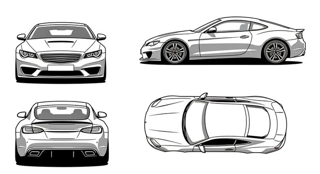 Generic Modern Sport Car Technical Blueprint, Four View Vector Illustration of a Coupe with Front Side Rear and Top Perspective Isolated on White