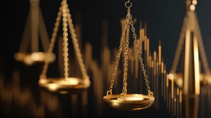 Golden Scales of Justice Superimposed on Digital Financial Data Background for Concept of Equity in Finance