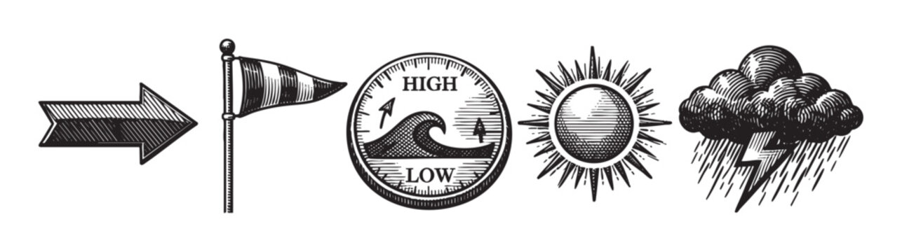 Engraved style vector illustration displaying weather conditions, featuring an arrow, windsock, wave level indicator, sun, and thunderstorm against a white background.