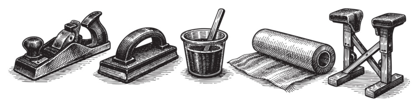 Engraved style illustration depicting woodworking tools: a plane, clamp, paint cup with brush and sawhorses, ideal for backgrounds or design elements.