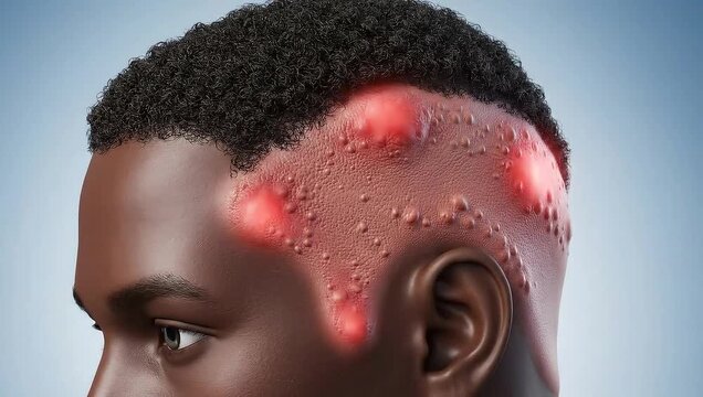 Close-up 3d medical illustration of a black man's scalp showing severe red pustules and inflammation.