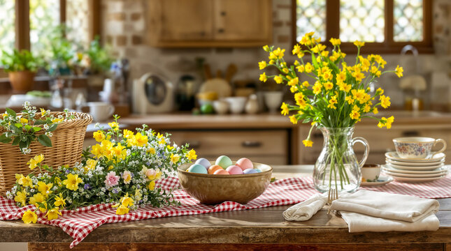 Ostereier und Fr&uuml;hlingsblumen auf rustikalem K&uuml;chentisch &ndash; gem&uuml;tliche Osterdekoration im Landhausstil
