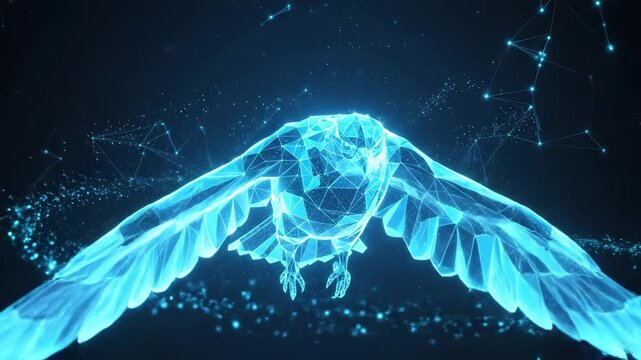 Abstract digital eagle soaring against dark background with connected lines