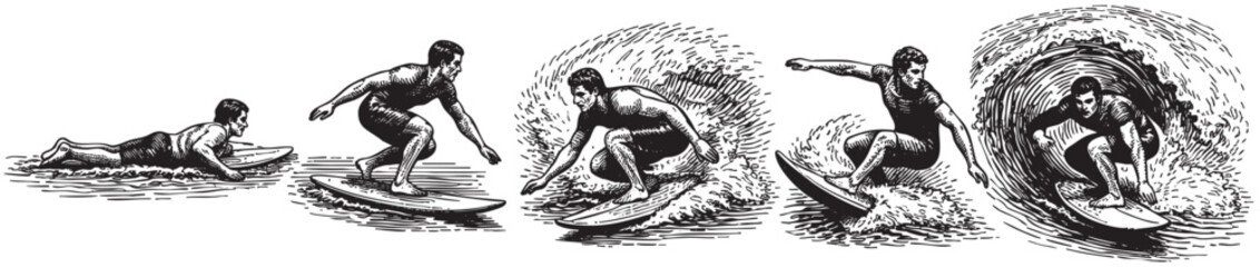An etching shows the progression of a surfer learning to ride a wave, from paddling out to riding a barrel in black and white.