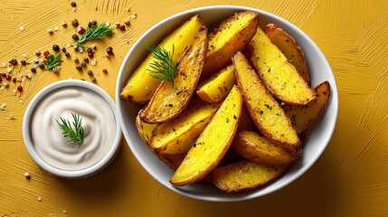 Crispy Roasted Potato Wedges in a White Bowl with Creamy Dipping Sauce