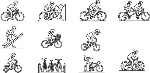 Collection of black and white line art icons illustrating various cycling activities including mountain biking touring tandem riding and bicycle maintenance equipment