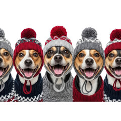 Five happy dogs in winter hats isolated on transparent background