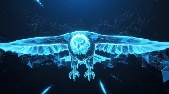 Abstract digital eagle soaring with open wings against dark background