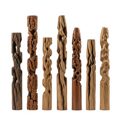 Collection of rustic wooden sculptures isolated on transparent background