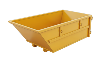 ultra-clean, large industrial roll-off skip bin in vibrant safety yellow, 3d vector graphic on transparent, with size silhouettes below. concept of modern debris removal efficiency