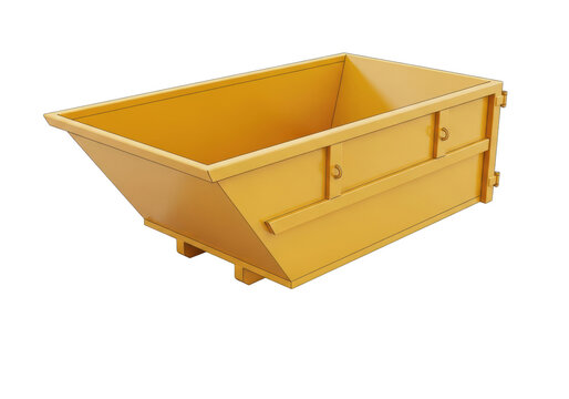 ultra-clean, large industrial roll-off skip bin in vibrant safety yellow, 3d vector graphic on transparent, with size silhouettes below. concept of modern debris removal efficiency