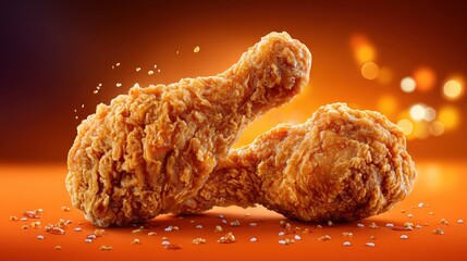 Two Crispy Fried Chicken Drumsticks on Vibrant Orange Background