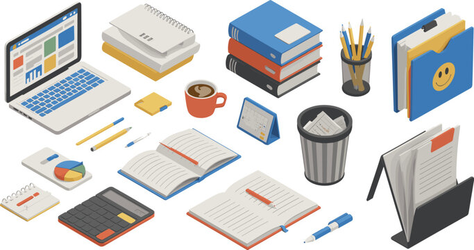 Isometric office and study workspace illustration with laptop, books, notebooks, stationery items, coffee cup, productivity tools, modern work concept