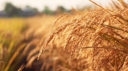 Golden rice field swaying in gentle breeze under warm August sunlight. travel magazines, destination branding, designed for outdoor magazines and nature guides, used by product managers.