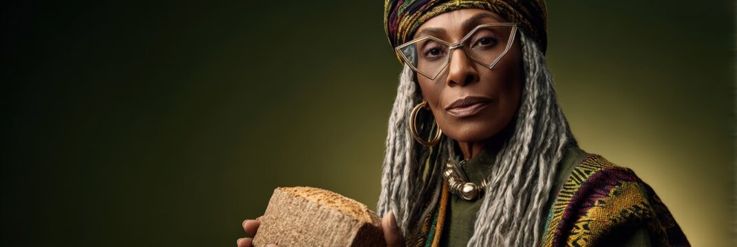 Elegant Mature Woman with Grey Dreads and Geometric Glasses