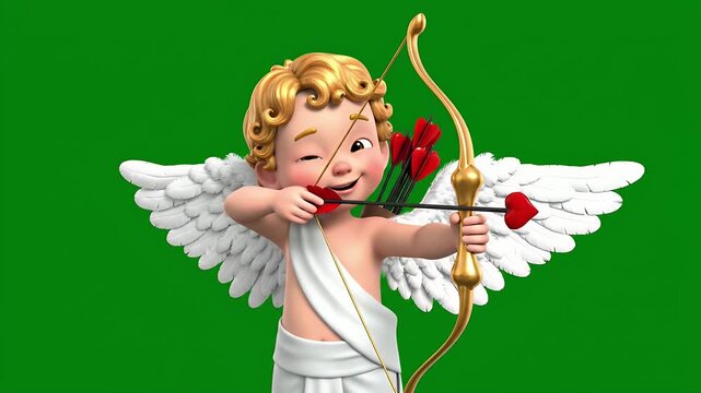 Cartoon Cupid with Bow and Arrow - A 3D video of a cartoon cupid, depicted with white wings, a golden bow, and arrows tipped with red hearts.