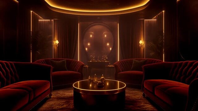 Professional hospitality render: Upscale club lounge with plush velvet chairs and elegant golden light play.