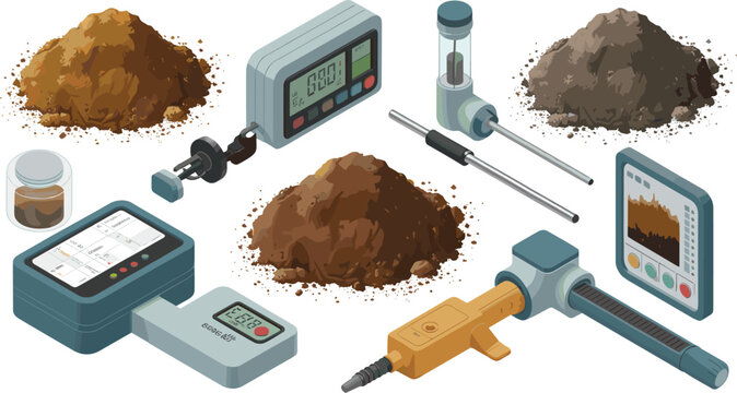 Soil analysis laboratory illustration with testing equipment, moisture meter, samples, digital data tablet, environmental science, agriculture research, 3D isometric design