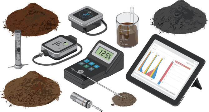 Soil analysis laboratory illustration with testing equipment, moisture meter, samples, digital data tablet, environmental science, agriculture research, 3D isometric design