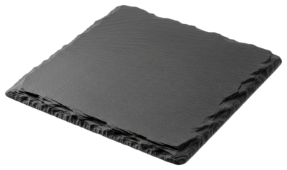 Square black slate stone plate board with rough textured edges surface on a transparent background