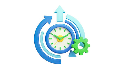 3D Time Management and Productivity Icon with Clock, Gear, and Arrows
