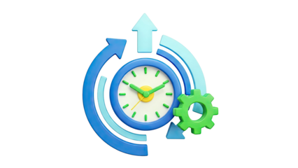 3D Time Management and Productivity Icon with Clock, Gear, and Arrows