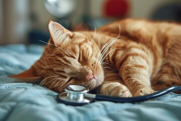 Cute ginger cat sleeping peacefully near a stethoscope on a blue blanket, embodying the concept of veterinary care and animal health