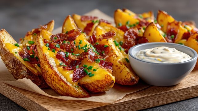 Delicious Loaded Potato Wedges with Cheese Bacon and Creamy Dip